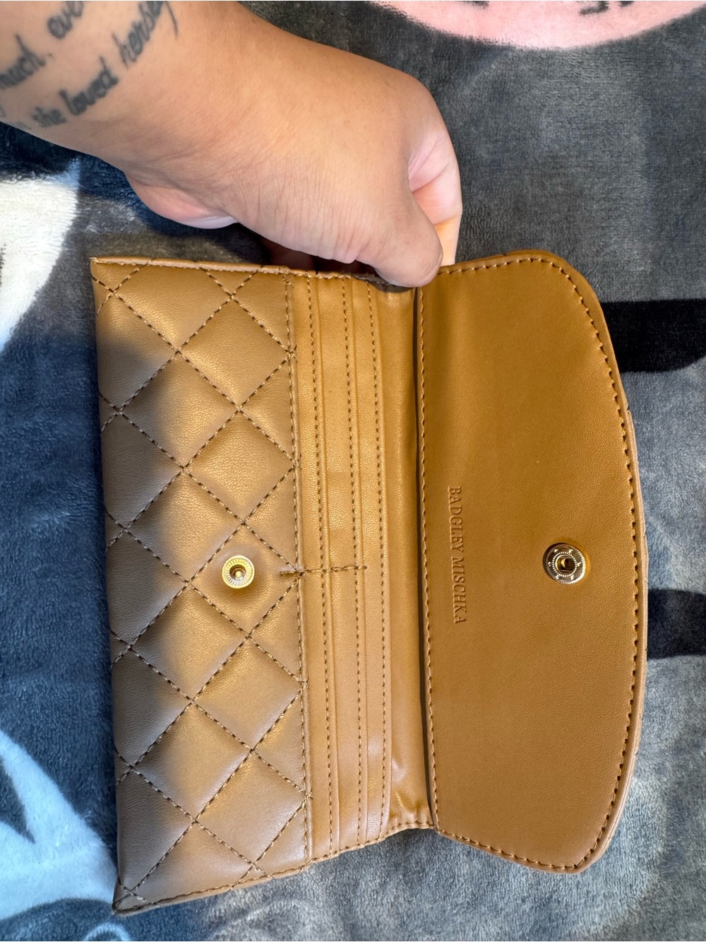 Badgley Mischka Quilted Card Wallet in Tan Brown